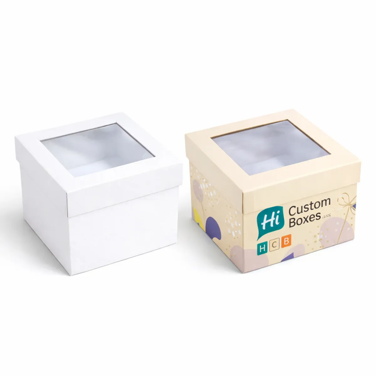 Decorative hamper boxes featuring transparent acetate windows on the lids for a clear product view- class=